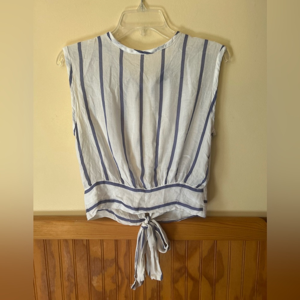 Shinestar White and Blue Sleeveless Blouse With Open Back And Tie
